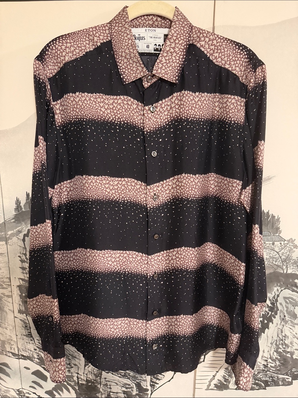 Eton Beatles Black and Pink Silk Striped Button-Down Shirt - 40